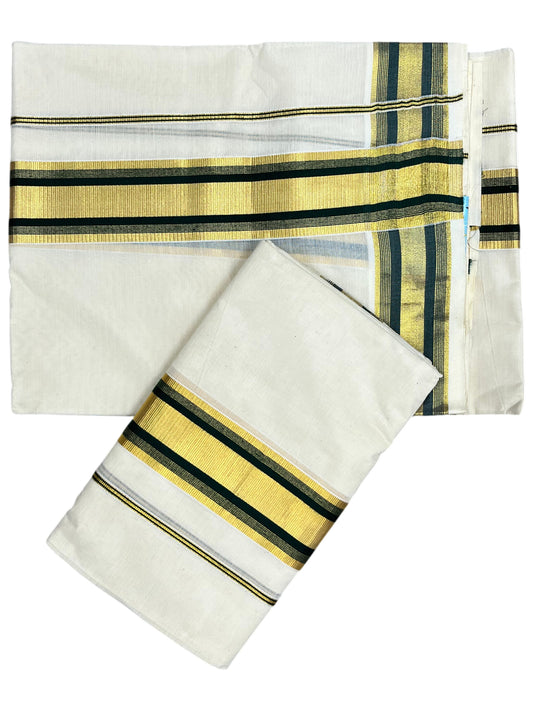 Southloom Pure Cotton Kerala  Set Mundu (Mundum Neriyathum) Single with Dark Green and Kasavu Border 2.80 Mtrs SLKK