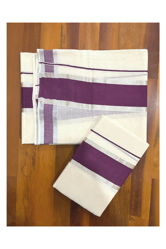 Kerala Cotton Mundum Neriyathum Single (Set Mundu) with Purple and Silver Kasavu Border 2.80 Mtrs
