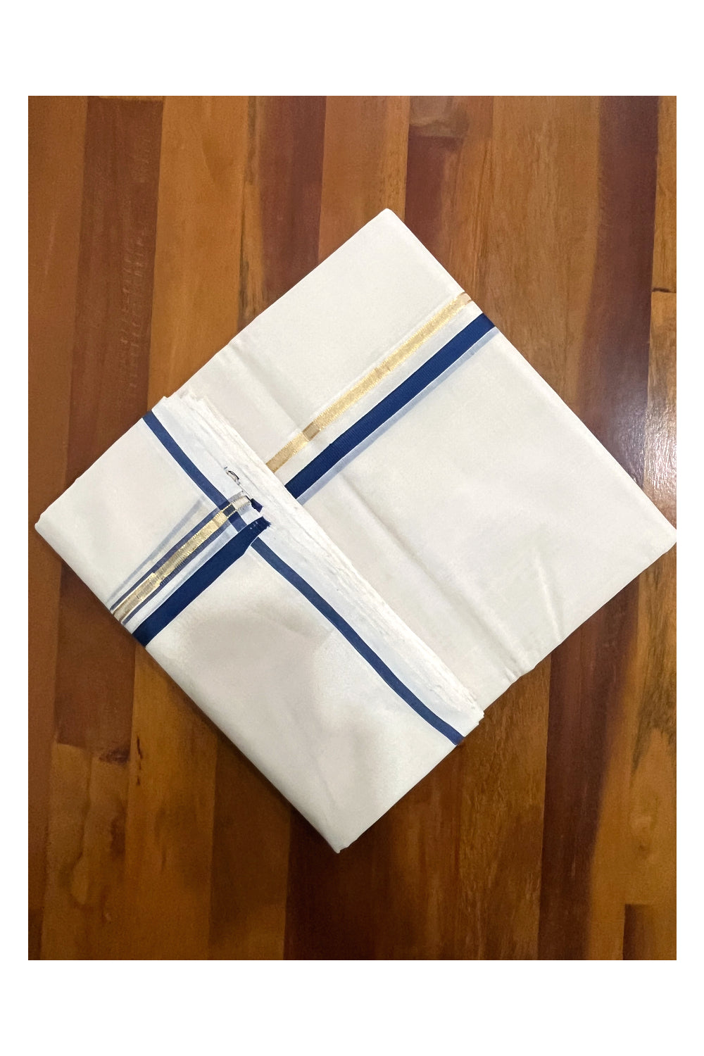 Southloom Premium Handloom Pure Cotton Mundu with Blue Puliyilakkara Kasavu Border (South Indian Kerala Dhoti)