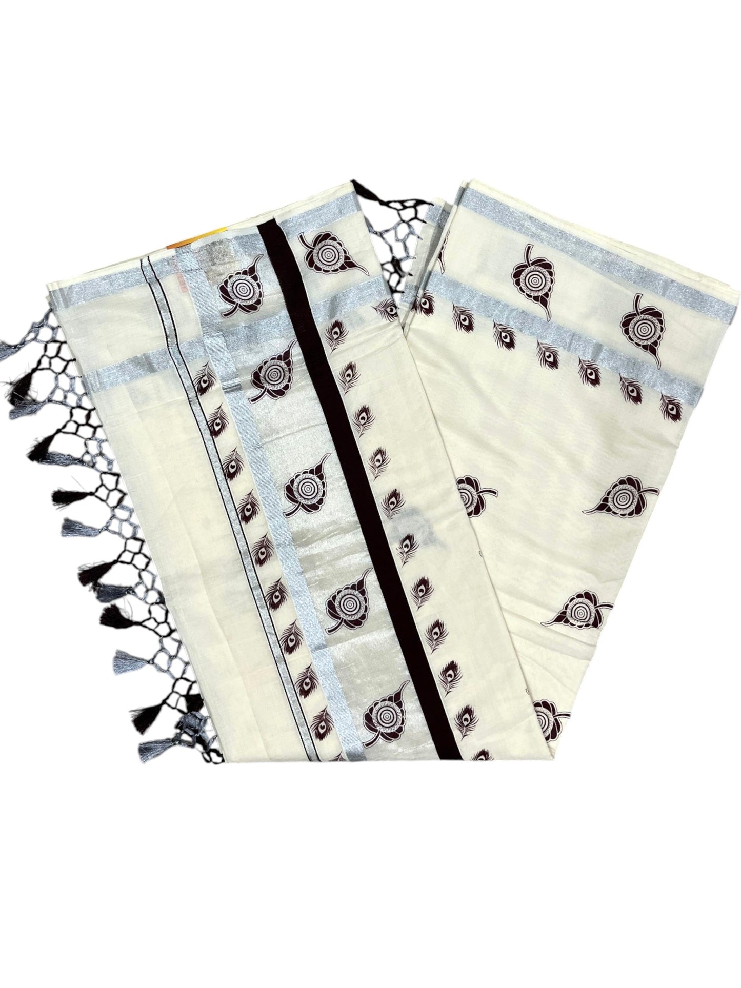 Southloom Kerala Cotton Silver Kasavu Saree with Peacock Feather and Leaf Printed Designs