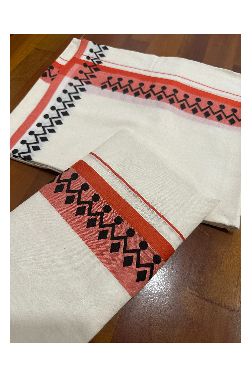 Kerala Cotton Set Mundu (Mundum Neriyathum) with Black Block Prints in Orange Border (Onam Set Mundu 2023)