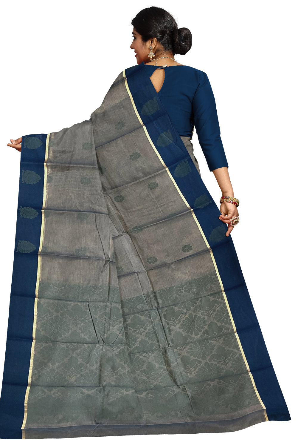 Southloom Cotton Dark Grey Saree with Woven Butta Works on Body and Pallu