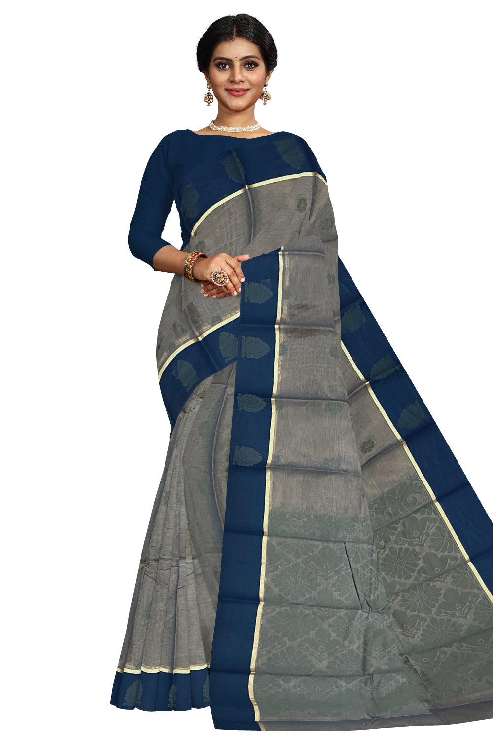 Southloom Cotton Dark Grey Saree with Woven Butta Works on Body and Pallu