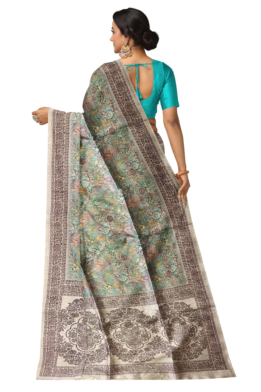 Southloom Semi Tussar Green Floral Designer Saree with Brown Woven Border