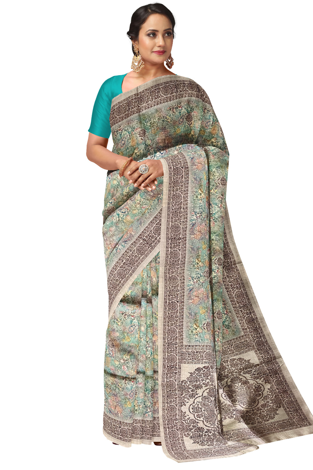 Southloom Semi Tussar Green Floral Designer Saree with Brown Woven Border