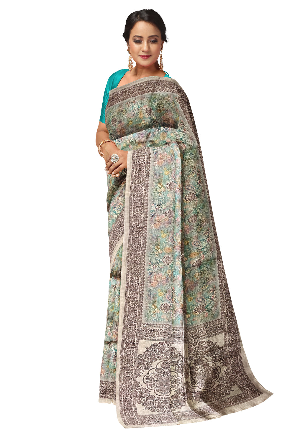 Southloom Semi Tussar Green Floral Designer Saree with Brown Woven Border