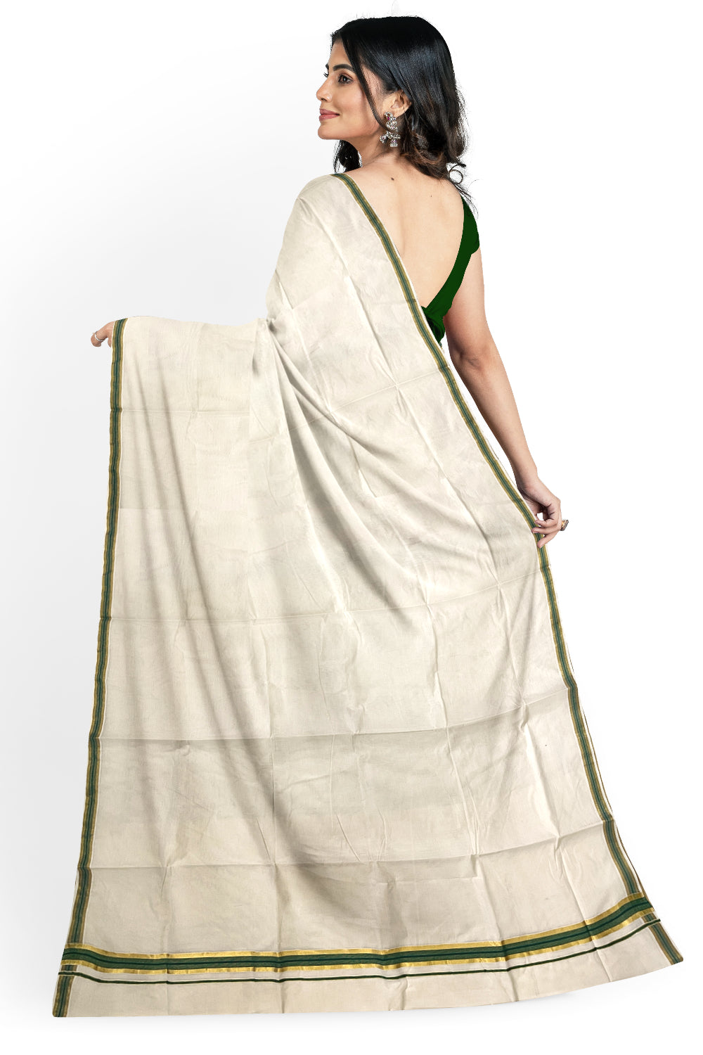 Kerala Pure Cotton Plain Saree with Kasavu and Green Border