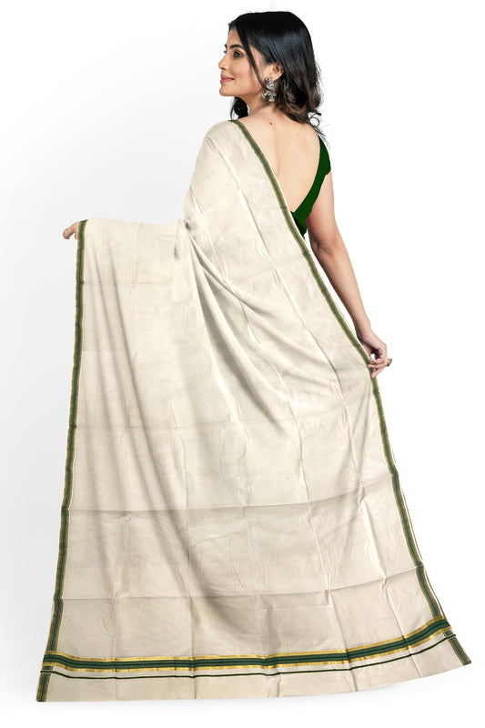 Southloom Kerala Pure Cotton Plain Saree with Kasavu and Green Border
