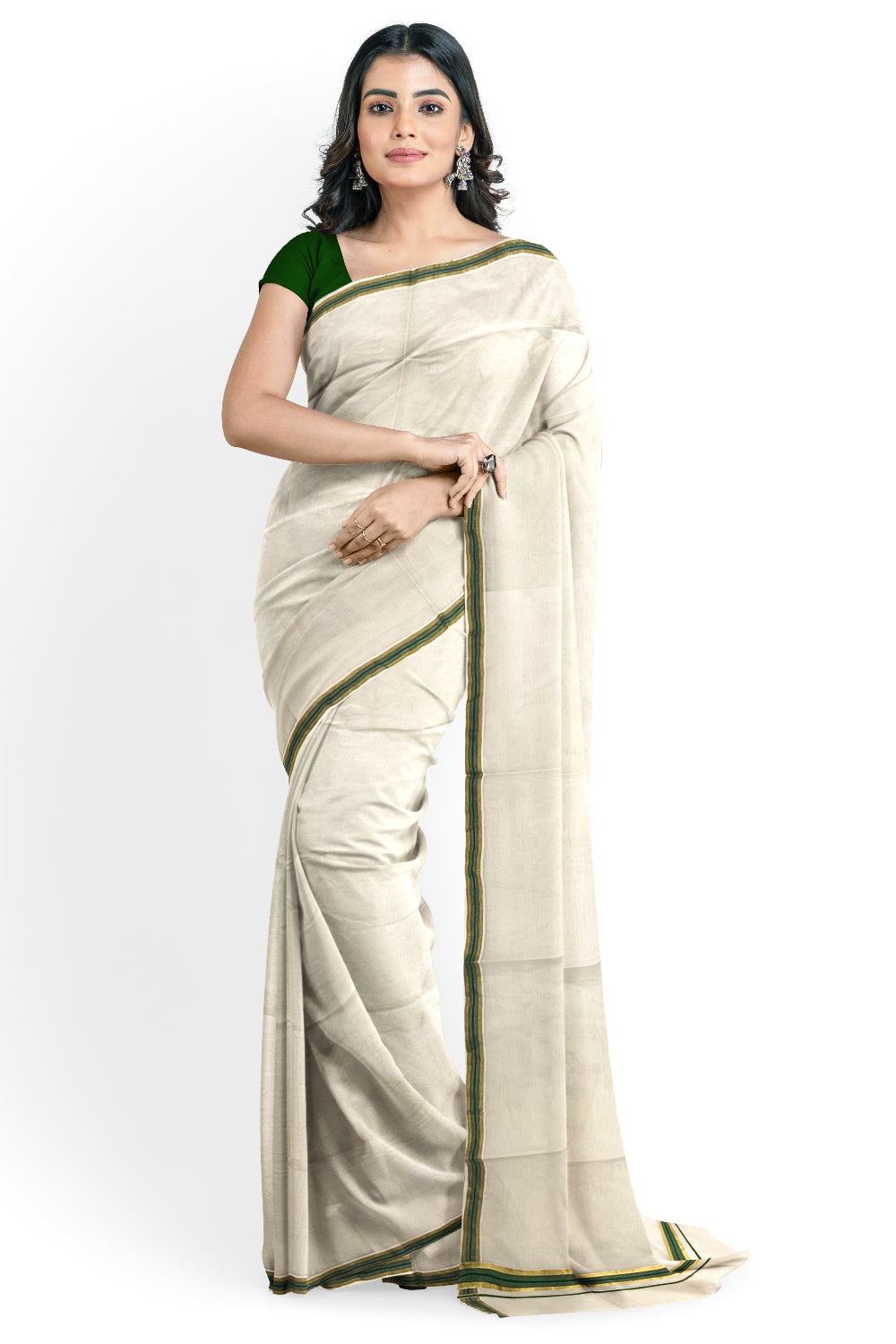 Kerala Pure Cotton Plain Saree with Kasavu and Green Border