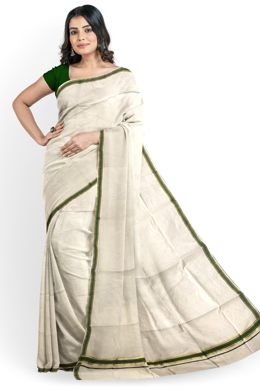 Kerala Pure Cotton Plain Saree with Kasavu and Green Border