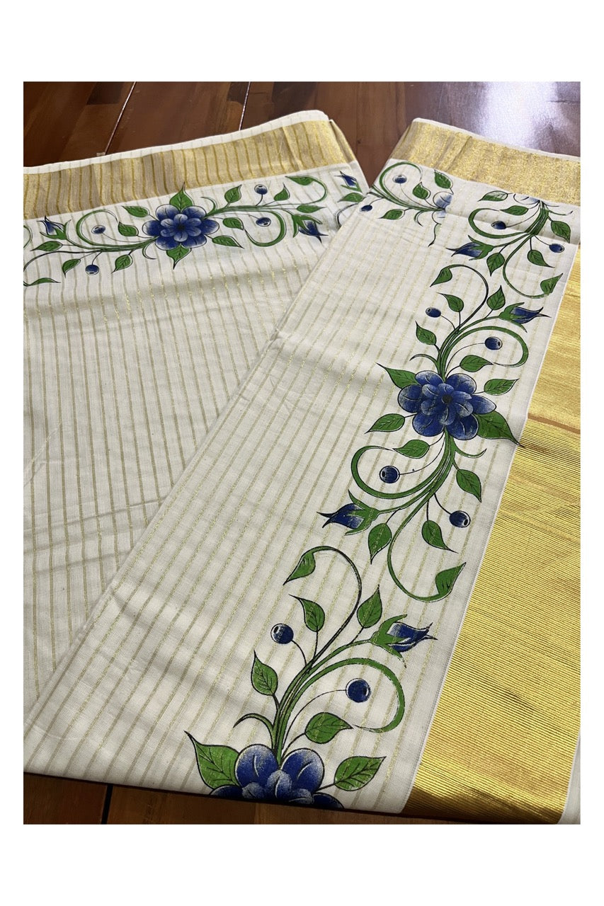 Pure Cotton Kerala Kasavu Lines Design and Blue Floral Block Printed Saree