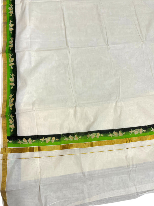 Southloom Cotton Kerala Kasavu Saree with Green and Black  Hand Painted