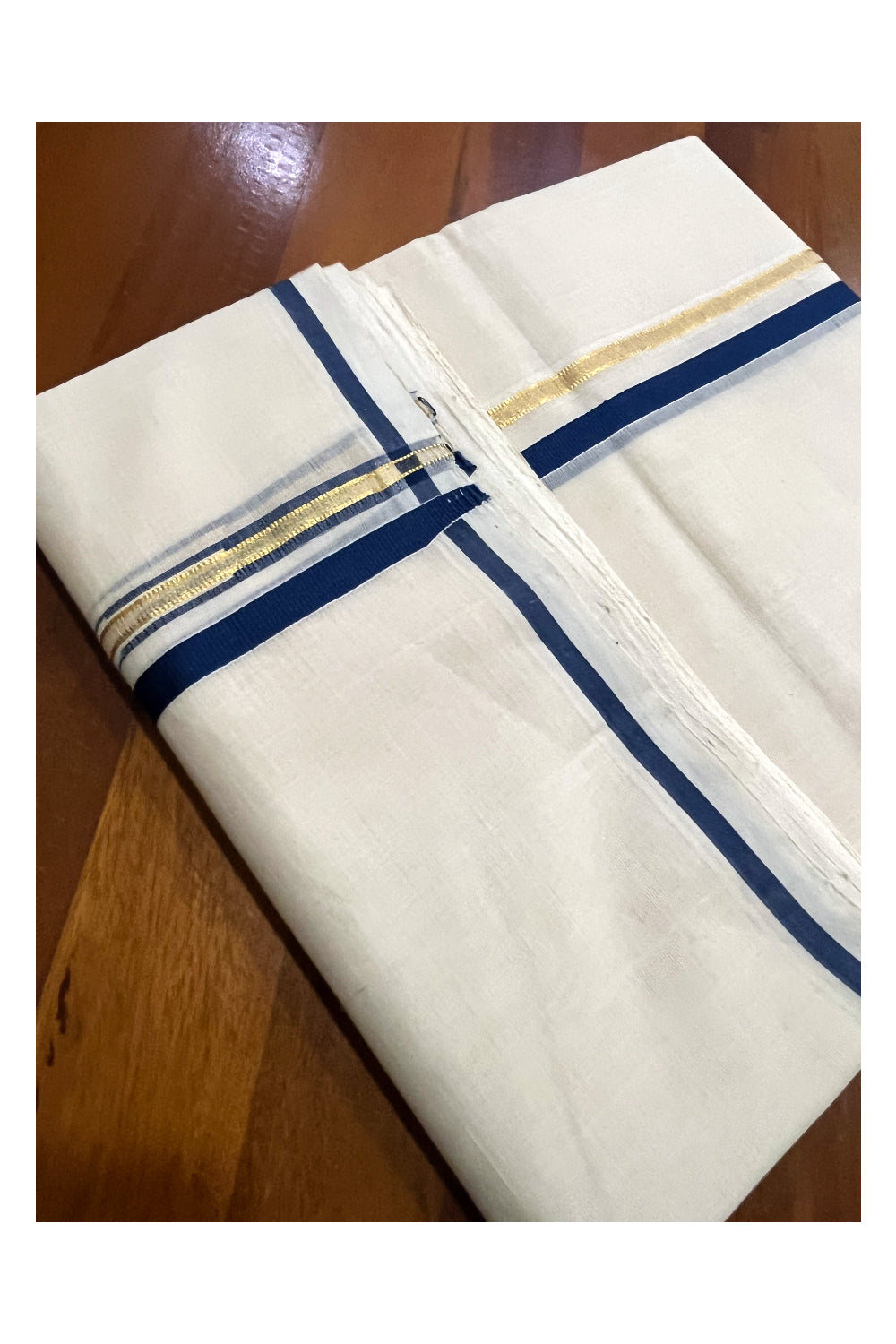 Southloom Premium Handloom Pure Cotton Mundu with Blue Puliyilakkara Kasavu Border (South Indian Kerala Dhoti)