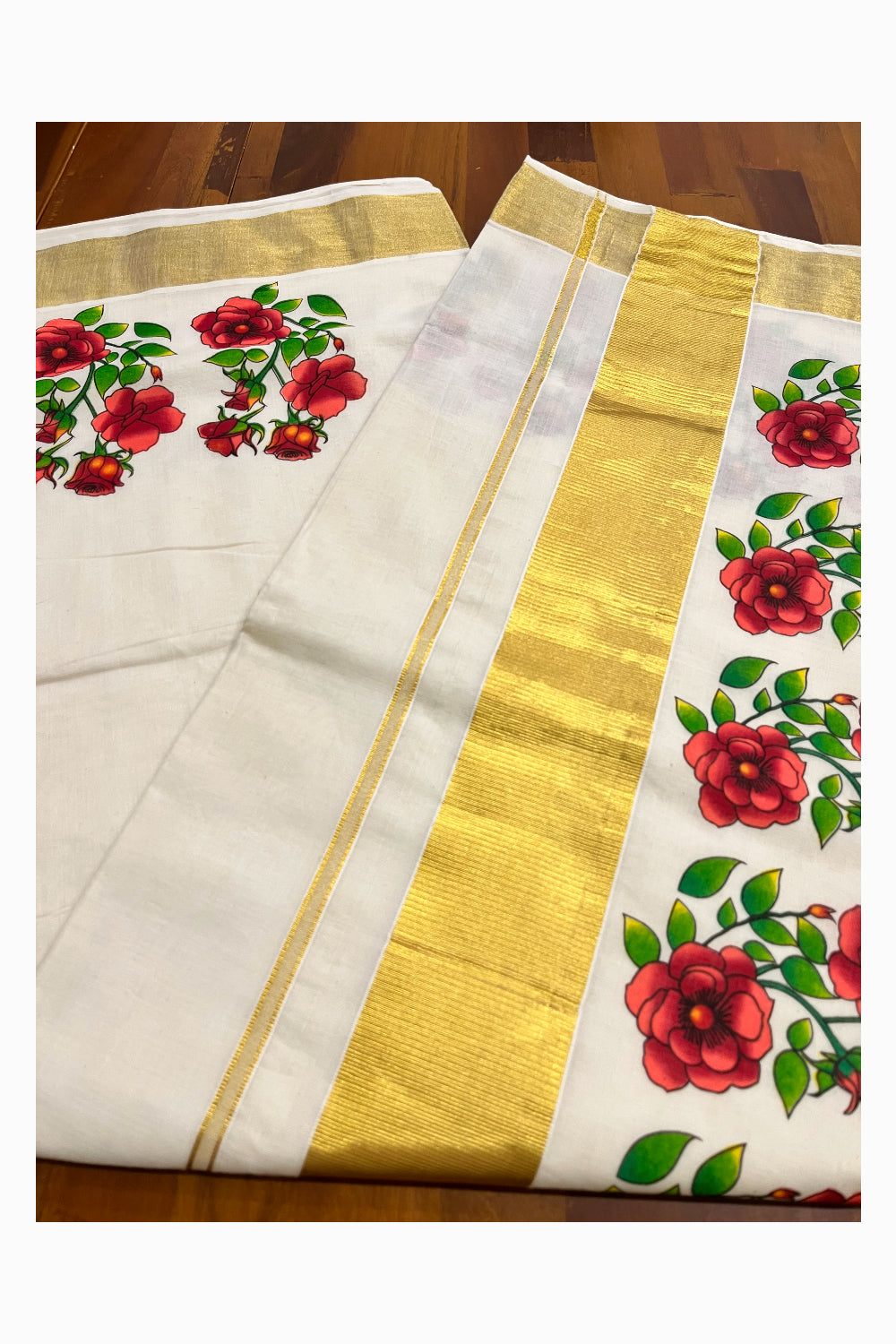 Pure Cotton Kerala Kasavu Saree with Peach Floral Block Prints with Kasavu Border (Vishu 2024 Collection)