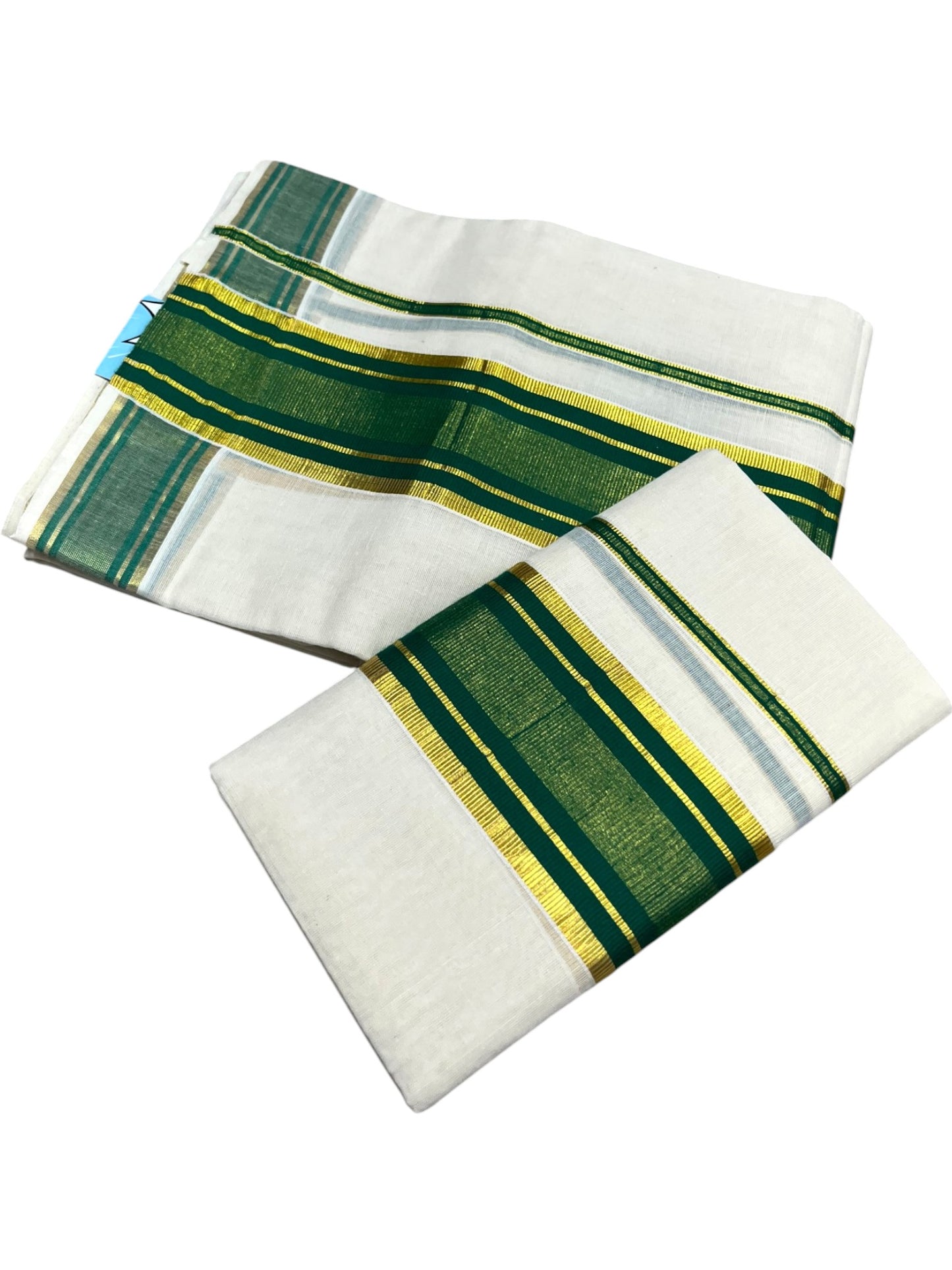 Southloom Kerala Cotton Kasavu Single Set Mundu (Mundum Neriyathum) with Green Kasavu Border SLKK