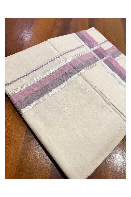 Kerala Pure Cotton Double Mundu with Violet and Silver Kasavu Border (South Indian Kerala Dhoti)