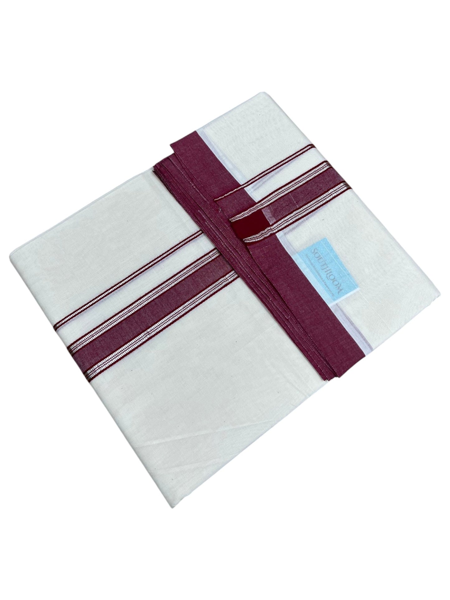 Southloom Pure Cotton Mundu with Silver Lines and Maroon Border (South Indian Kerala Dhoti)