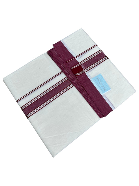 Southloom Pure Cotton Mundu with Silver Lines and Maroon Border (South Indian Kerala Dhoti)