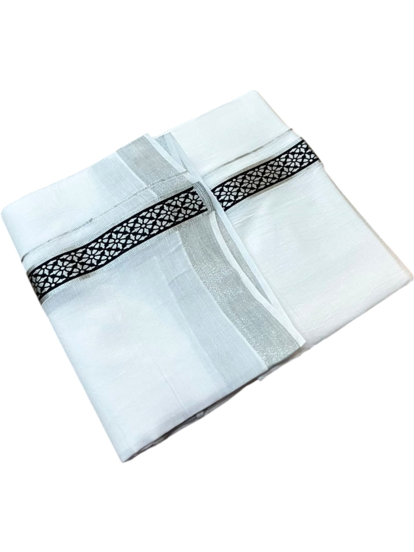 Southloom Pure White Cotton Mundu with Black and Silver Kasavu Border (South Indian Kerala Dhoti)