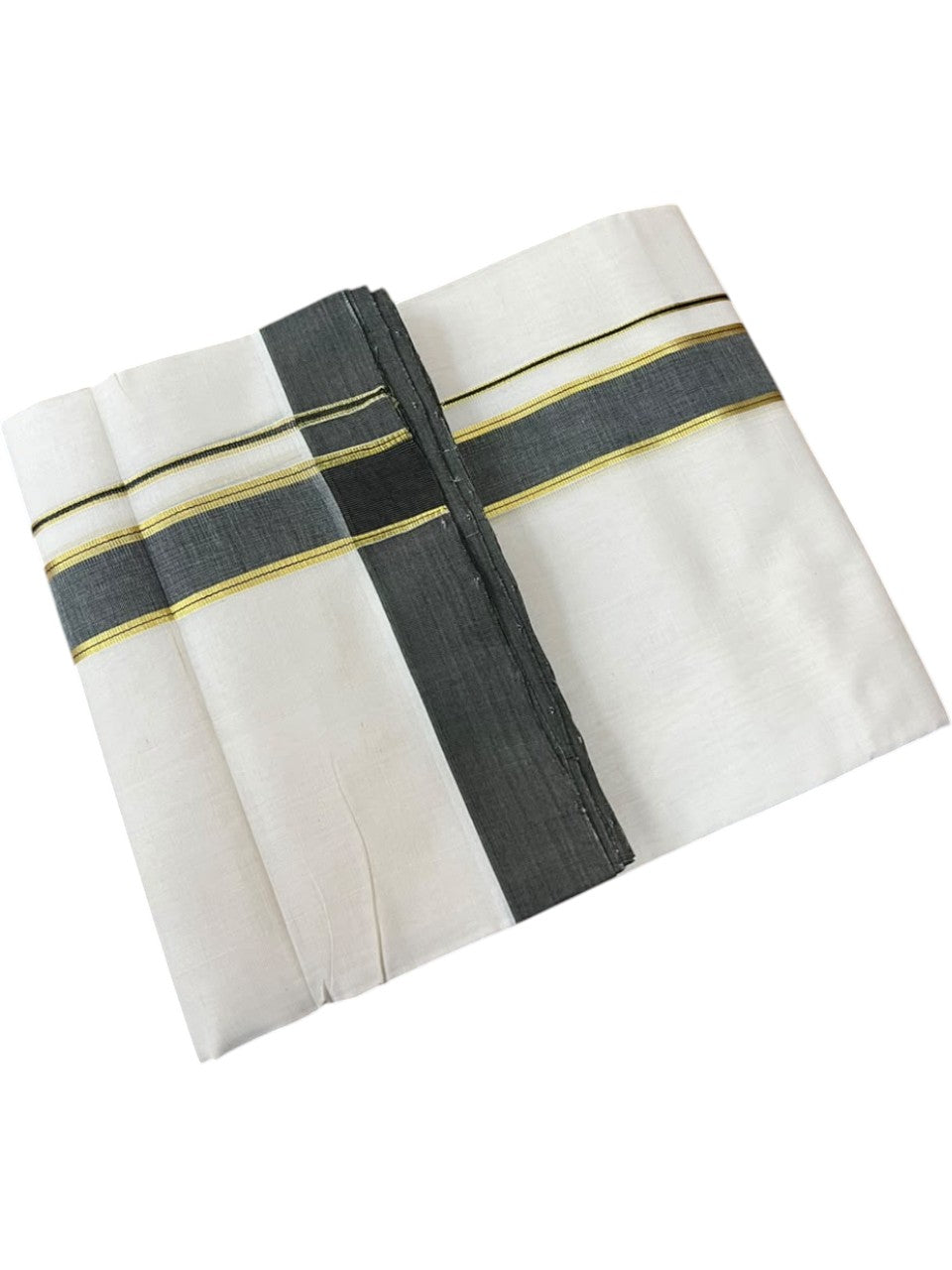 Southloom Balaramapuram Unakkupaavu Premium Handloom Cotton Double Mundu with Gold Kasavu and Gray Border