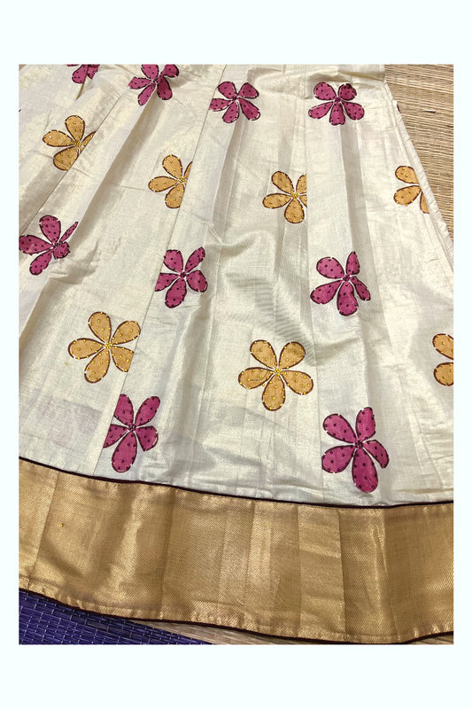 Southloom Semi Stitched Premium Tissue Dhavani Set with Floral Sequence Designs on Body and Purple Piping Works