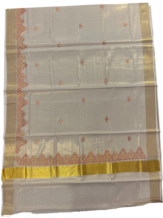 Southloom Kerala Tissue Kasavu Plain Saree with Red Embroidery Works