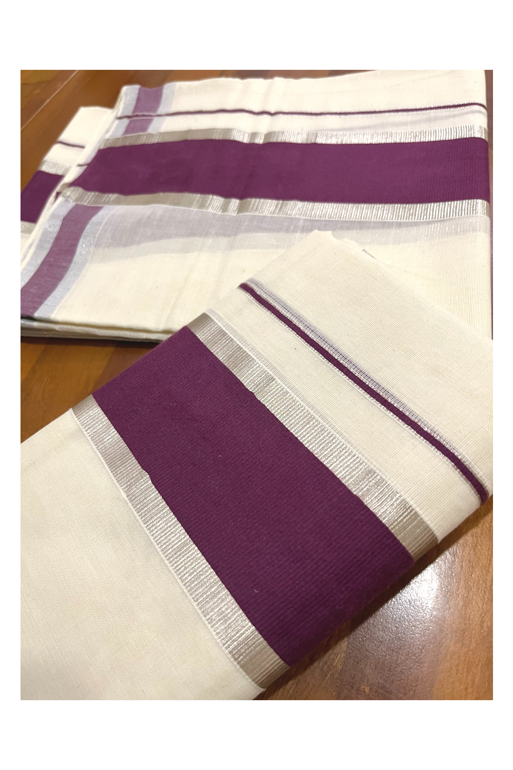 Kerala Cotton Mundum Neriyathum Single (Set Mundu) with Purple and Silver Kasavu Border 2.80 Mtrs   SLKK SL498