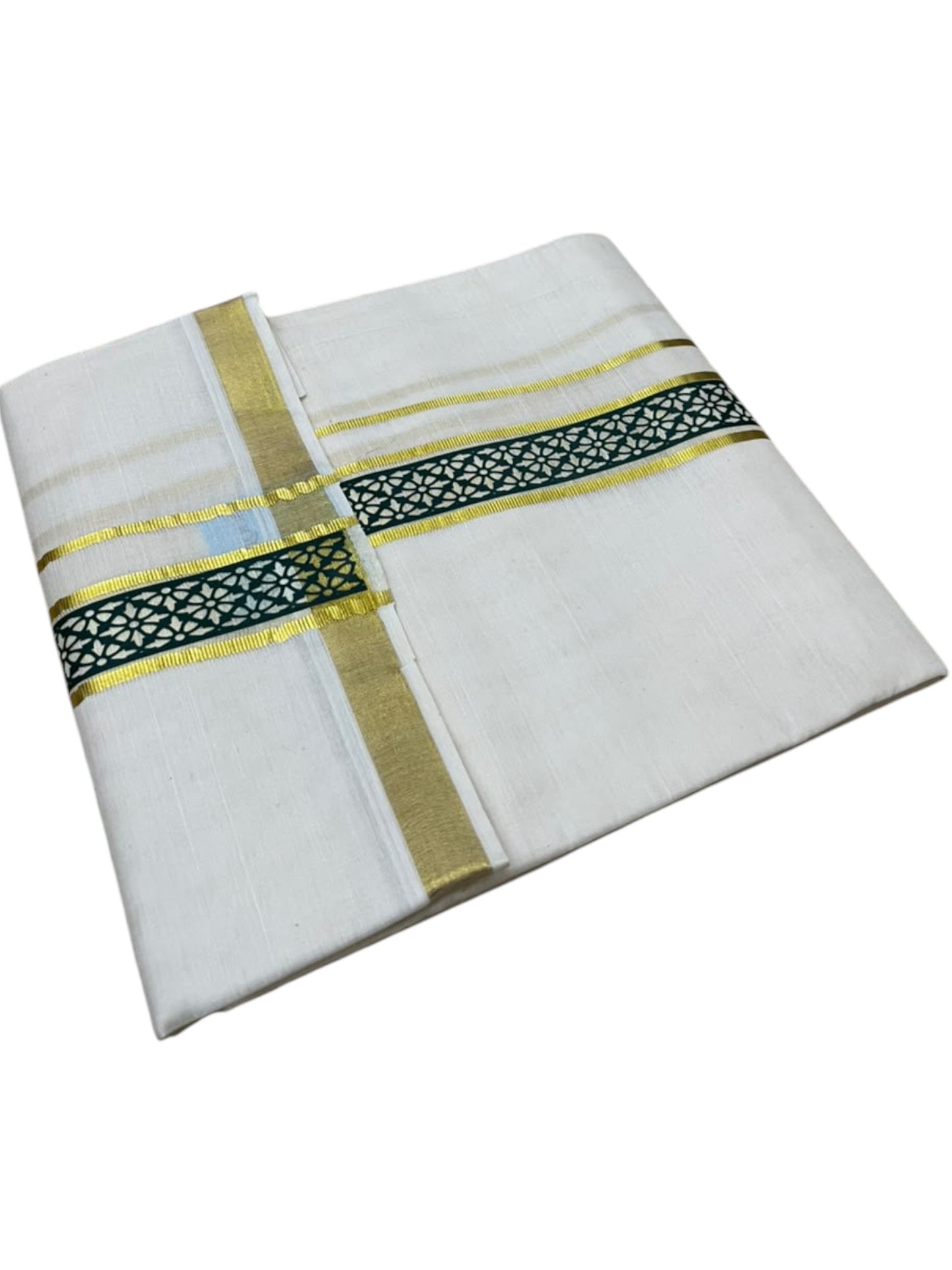 Southloom Pure Cotton Double Mundu with Green Block Printed And Ksavu Border (South Indian Kerala Dhoti)