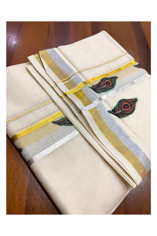 Pure Cotton Golden and Silver Kasavu Mundu with Feather Mural Painted Design (Onam Mundu 2023)