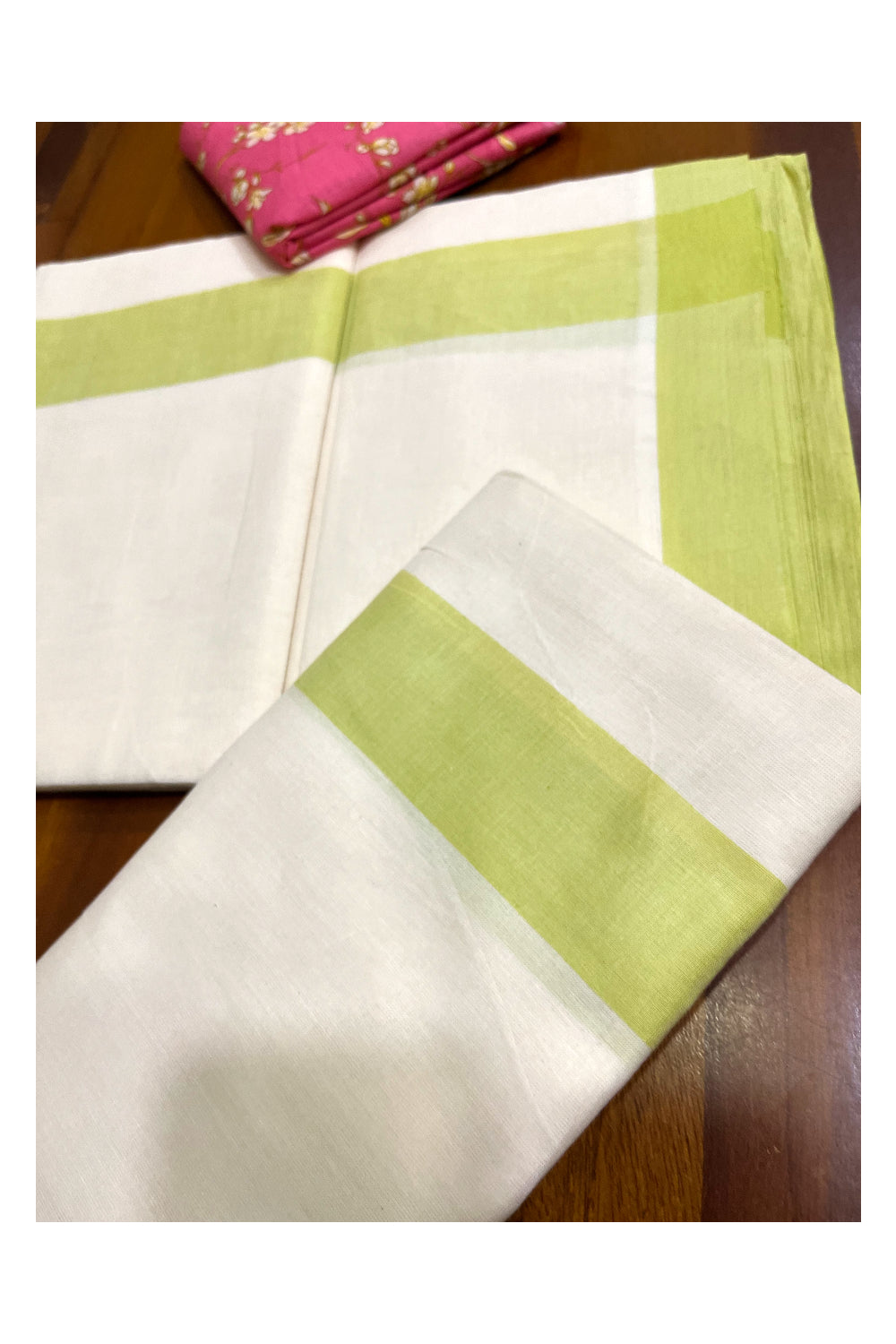 Southloom Mulloth Soft Cotton Light Green Border Set Mundu with Jaipur Printed Blouse Piece (2.60 M Neriyathu / Blouse 1 Meter)