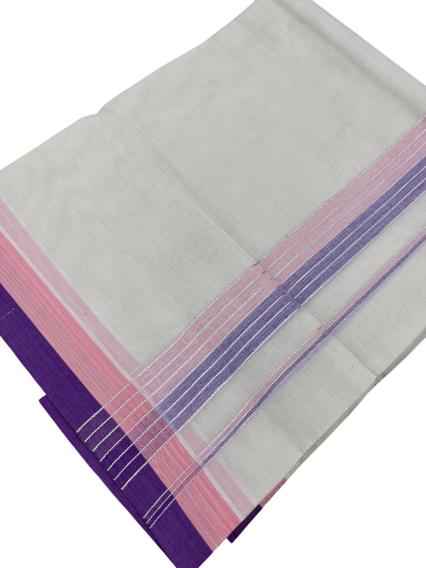 Southloom Kerala Pure Cotton Double Mundu with Pink and Violet Border with (South Indian Dhoti)