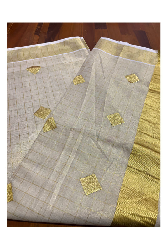 Kerala Tissue Kasavu Checked Saree with Diagonal Woven Designs on Body and Pallu