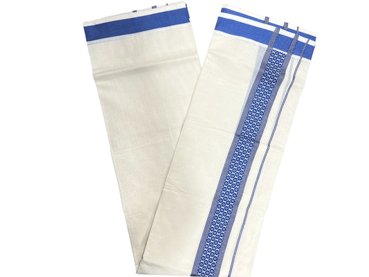 Southloom Pure Cotton Mundu With Silver Lines And Blue Print (South Indian Kerala Dhoti)