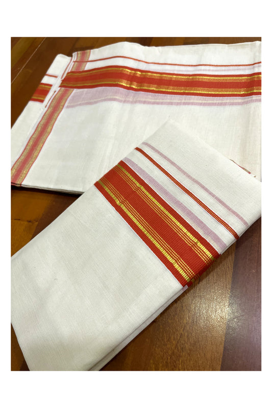 Kerala Cotton Set Mundu (Mundum Neriyathum) with Orange and Kasavu Border 2.80 Mtrs