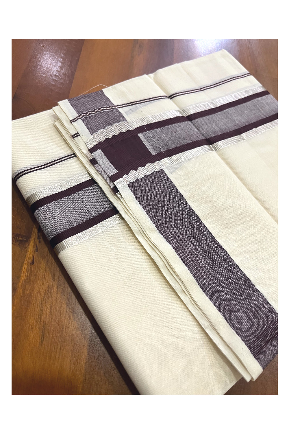 Kerala Cotton Off White Double Mundu with Silver Kasavu and Brown Border (South Indian Kerala Dhoti)