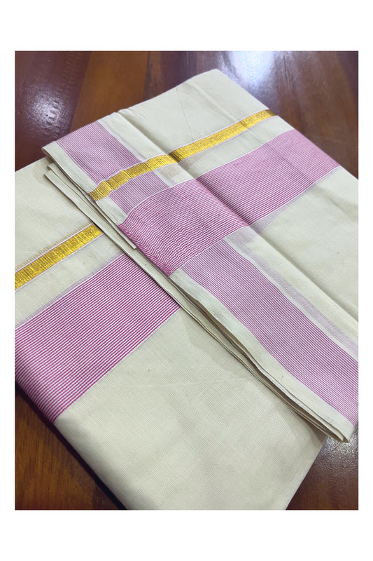 Pure Cotton Mundu with Pink Lines and Kasavu Border (South Indian Kerala Dhoti)