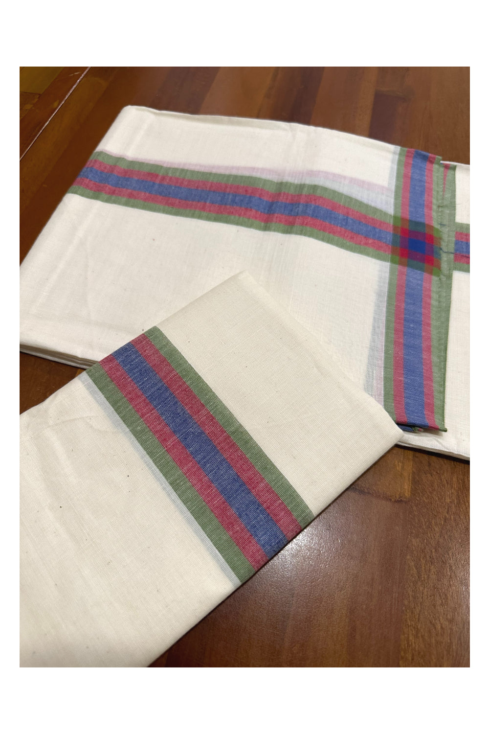 Kerala Mulloth Soft Cotton Mundum Neriyathum Single with Green Red and Blue Border (Onam Set Mundu 2023)