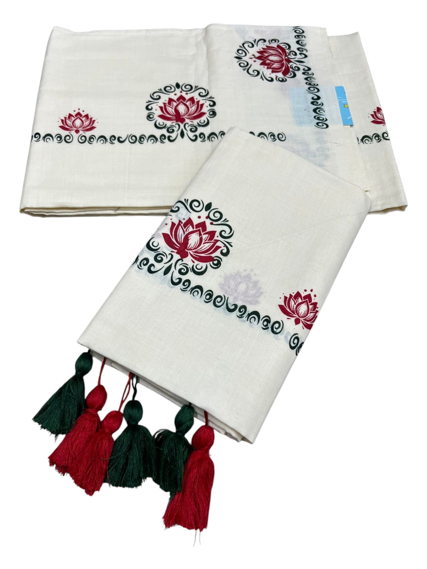Southloom Kerala Cotton Single Set Mundu (Mundum Neriyathum) with Green &Red Lotus Block Printed Design