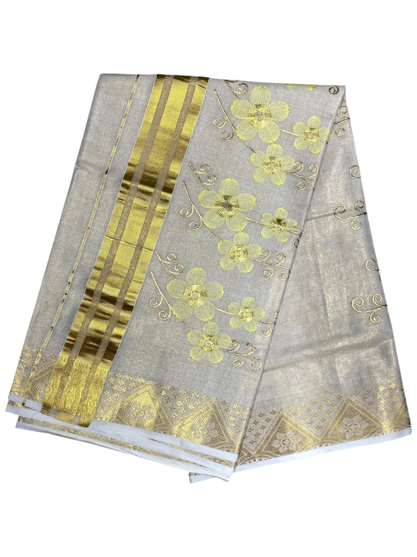 Southloom Kerala Tissue Kasavu Saree with Yellow Floral Embroidery Work on Body