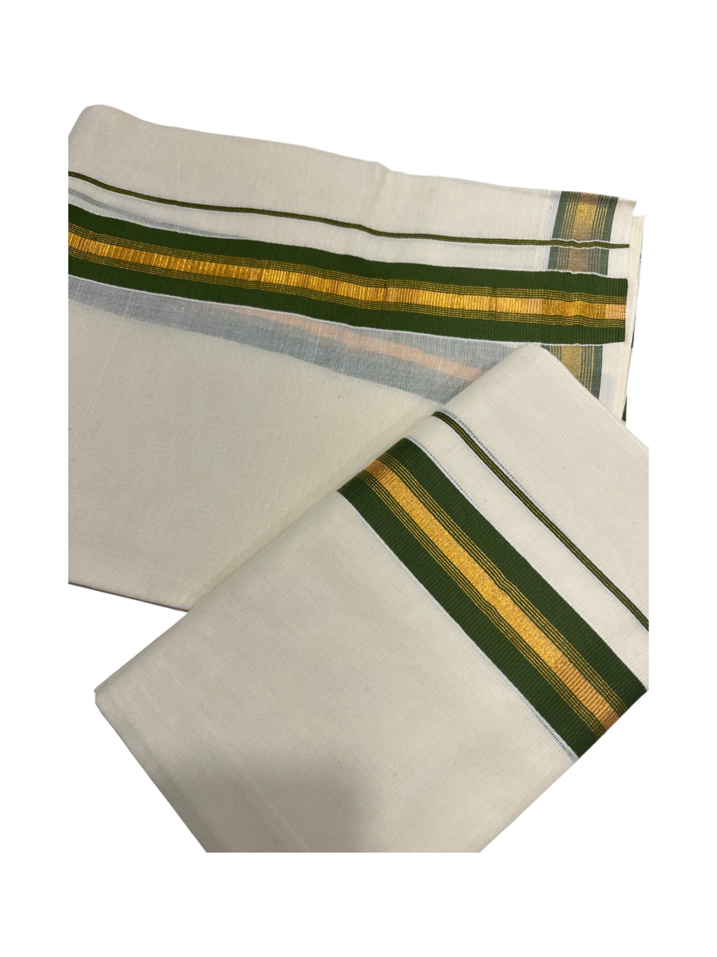 Southloom Kerala Cotton Single Set Mundu (Mundum Neriyathum) with Kasavu and Olive Green Border