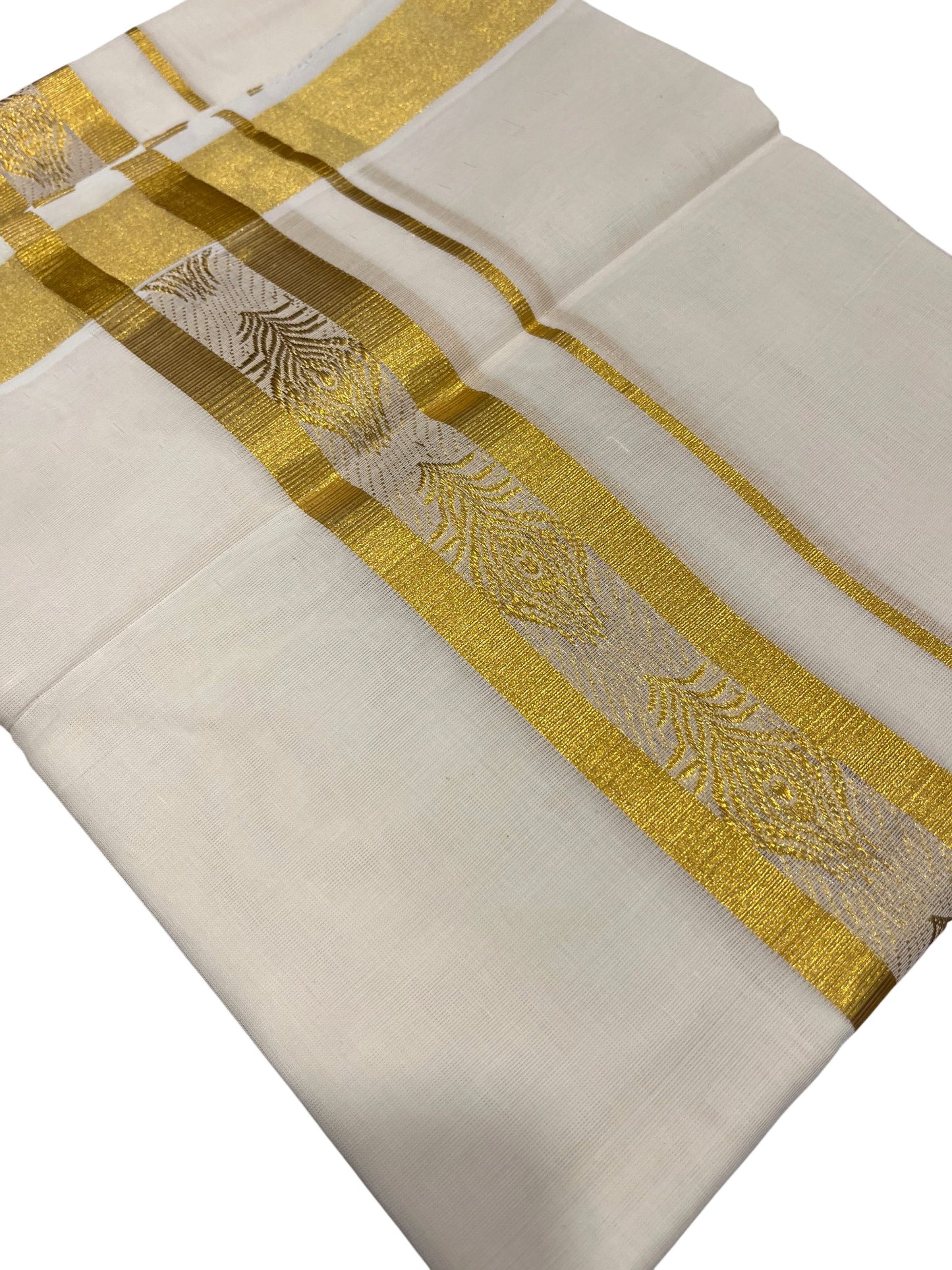Southloom Premium Handloom Cotton Double Mundu with Gold And Woven Work Kasavu Border