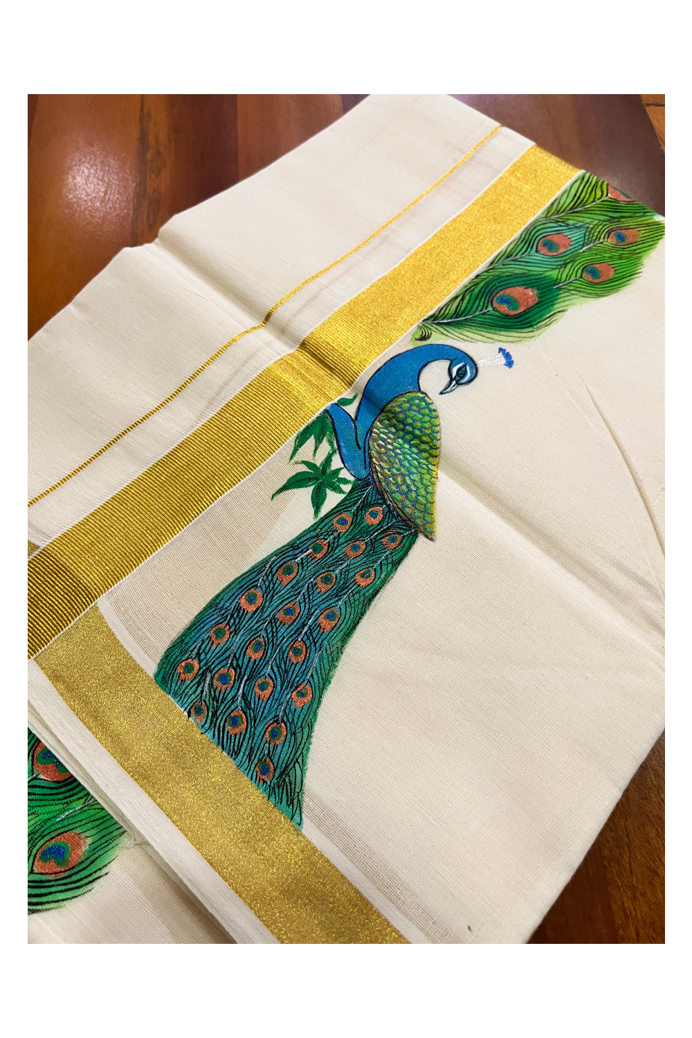 Pure Cotton Kerala Double Mundu with Peacock Hand Painted Designs on Kasavu Border (Vishu Collection 2024)