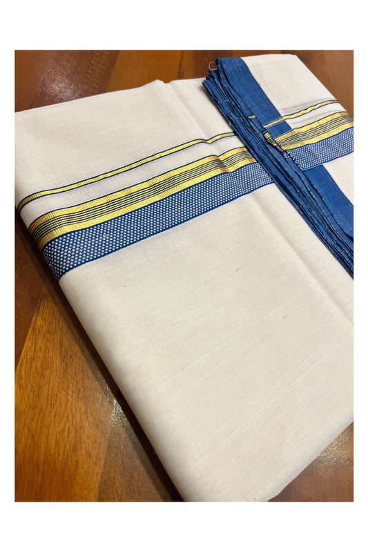 Premium Balaramapuram Handloom Unakkupaavu Cotton Double Mundu with Kasavu and Blue Design Border (Vishu 2024 Collection)