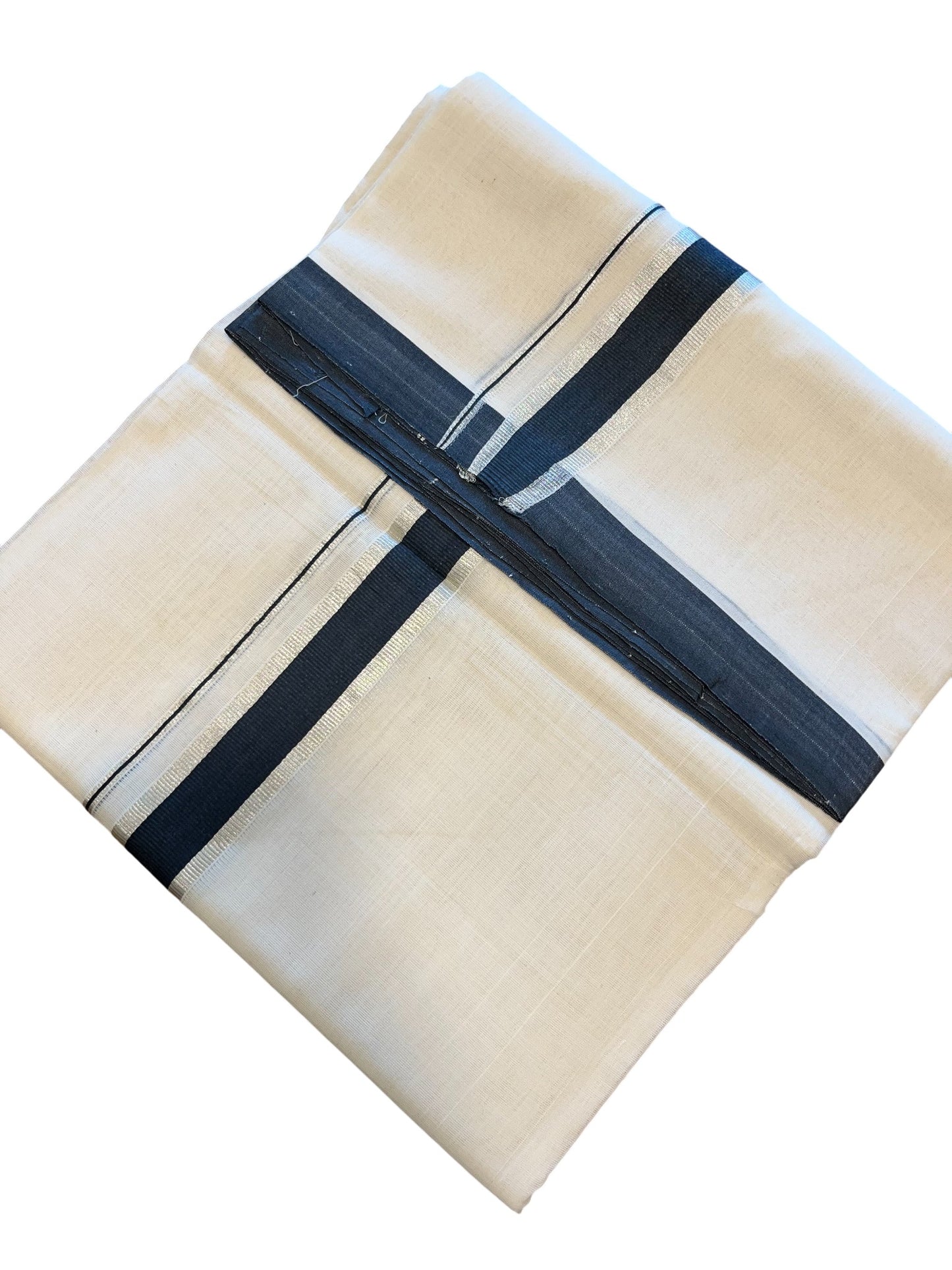 Southloom Premium Handloom Cotton Double Mundu with Silver and Grey Border