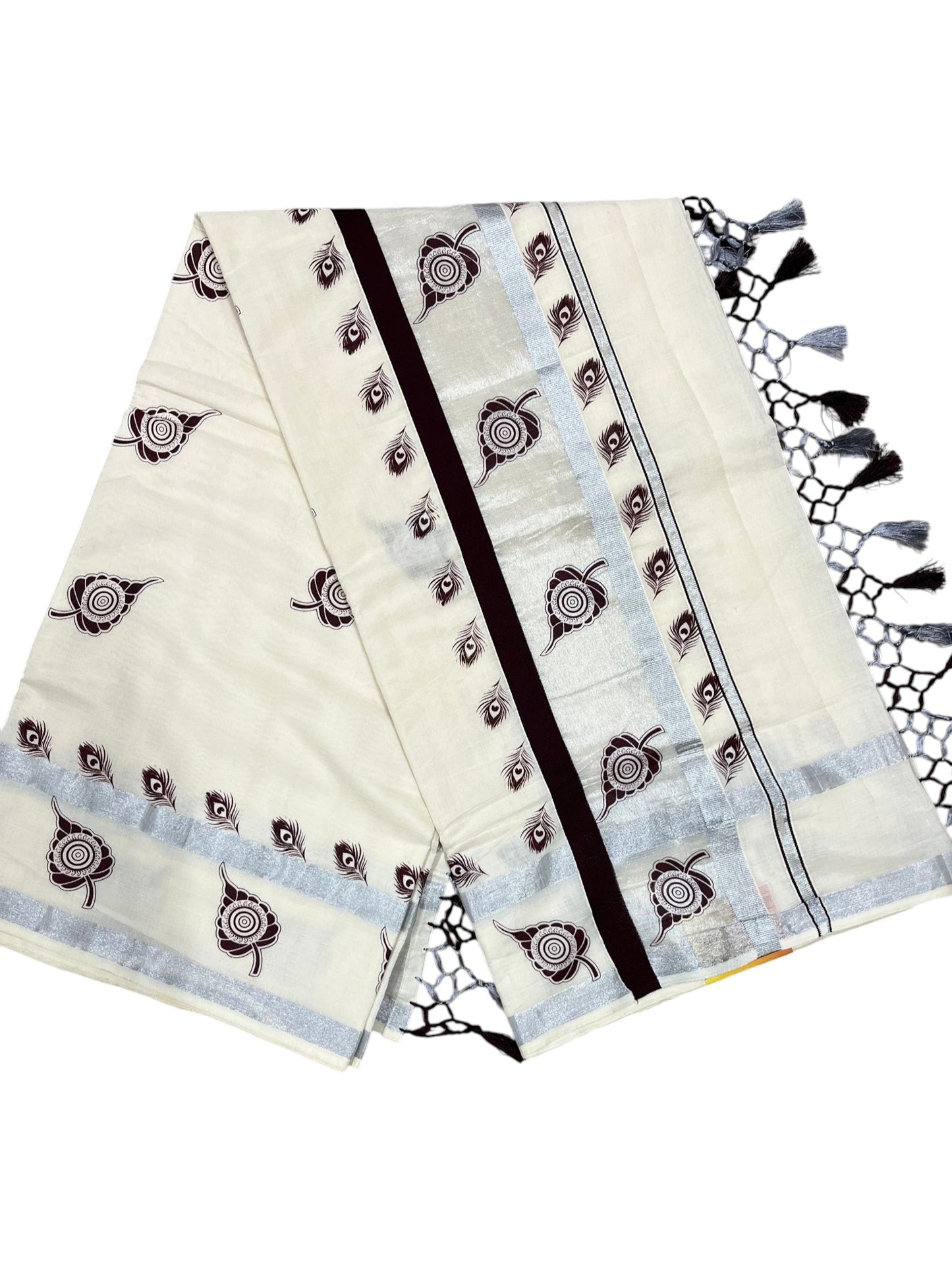 Southloom Kerala Cotton Silver Kasavu Saree with Peacock Feather and Leaf Printed Designs