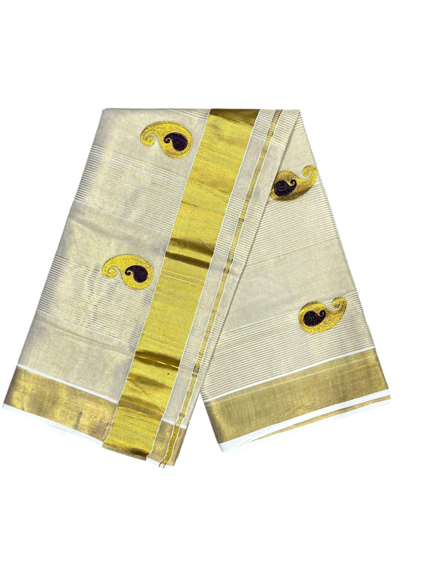 Southloom Kerala Tissue Kasavu Saree with Purple Embroidery Design