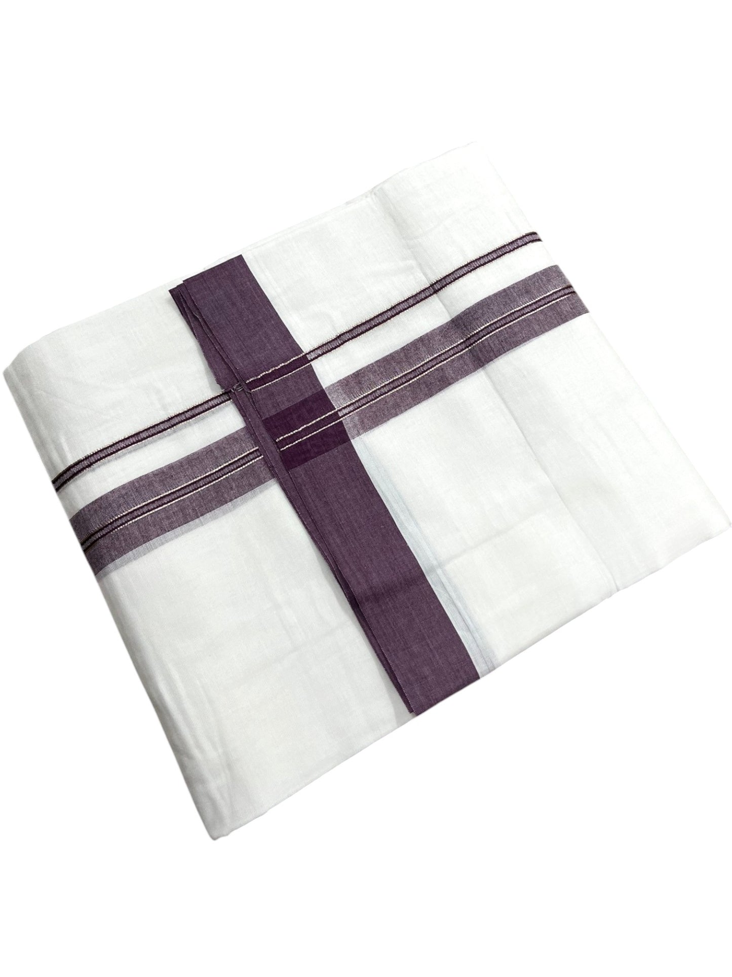 Southloom Pure White Cotton Mundu with Purple & Silver Line Border (South Indian Kerala Dhoti)