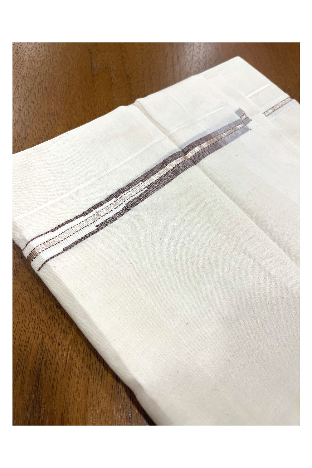 Pure Cotton Double Mundu with Silver Kasavu and Brown Puliyilakkara Border (South Indian Kerala Dhoti)