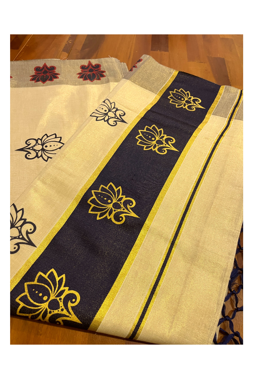 Kerala Tissue Kasavu Saree with Navy Blue and Golden Block Prints and Navy Blue Border