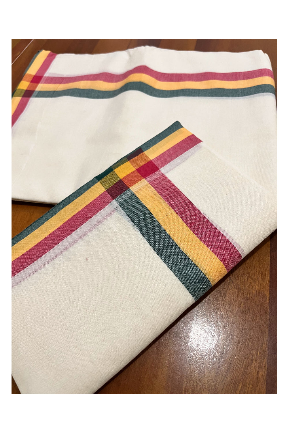 Kerala Mulloth Cotton Single Mundum Neriyathum with Red Yellow Green Border 2.80 Mtrs (Extra Soft Cotton)